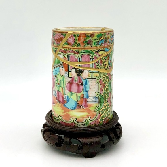 Kintsugi Brush Pot Chinese Famille Rose Cup Gold Crack Art Personal Growth Gift - Picture 11 of 17